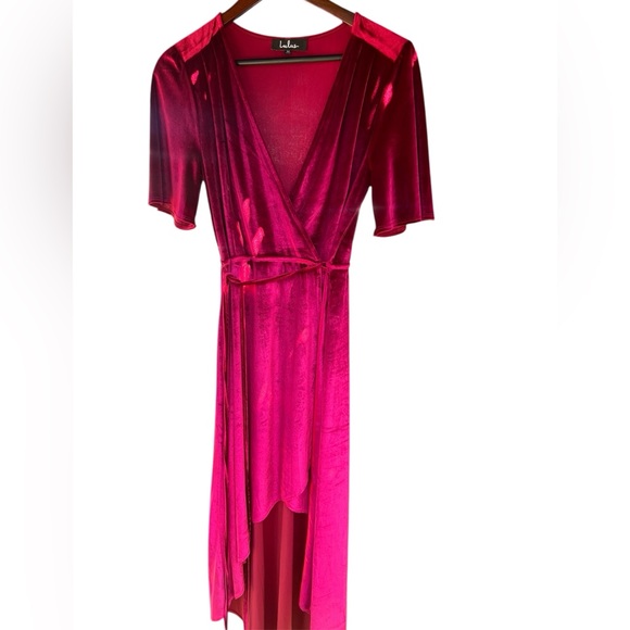 Lulu's Wine Red Velvet High Low Wrap Dress Size M Midi Dress - Picture 9 of 9